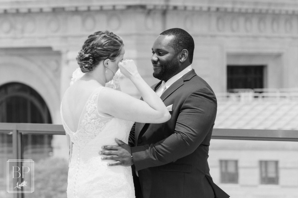 interracial couple's first look on their wedding day