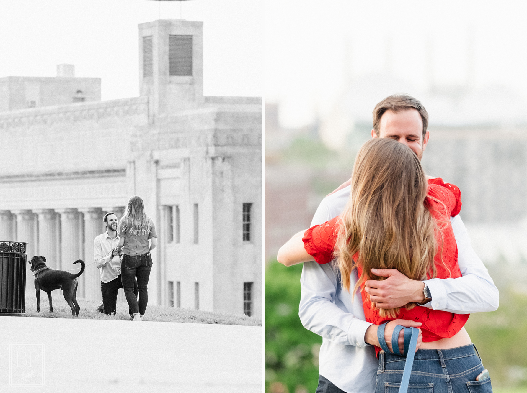 couple's springtime evening surprise proposal at Union Station in Kansas City, MO