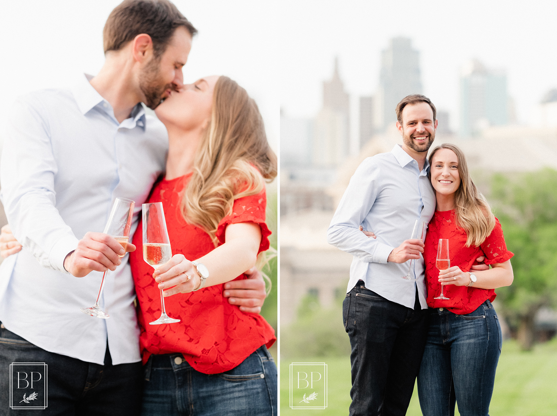 couple's springtime evening surprise proposal champagne toast at Union Station in Kansas City, MO