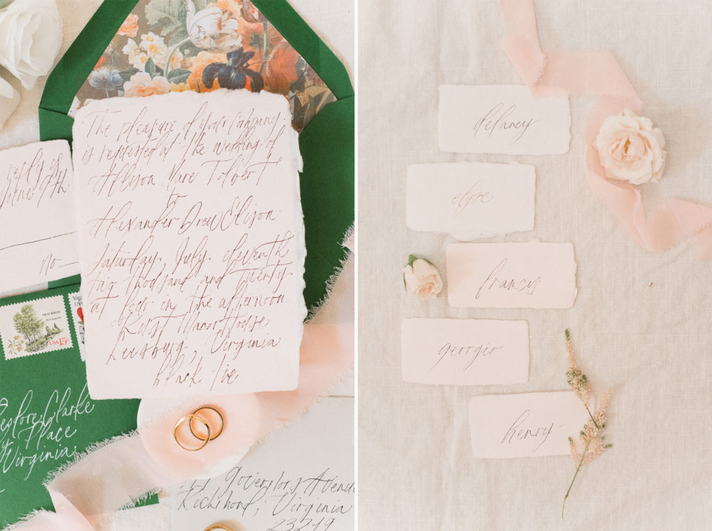 details from dusty rose & green summer wedding at Rust Manor House, Leesburg, VA