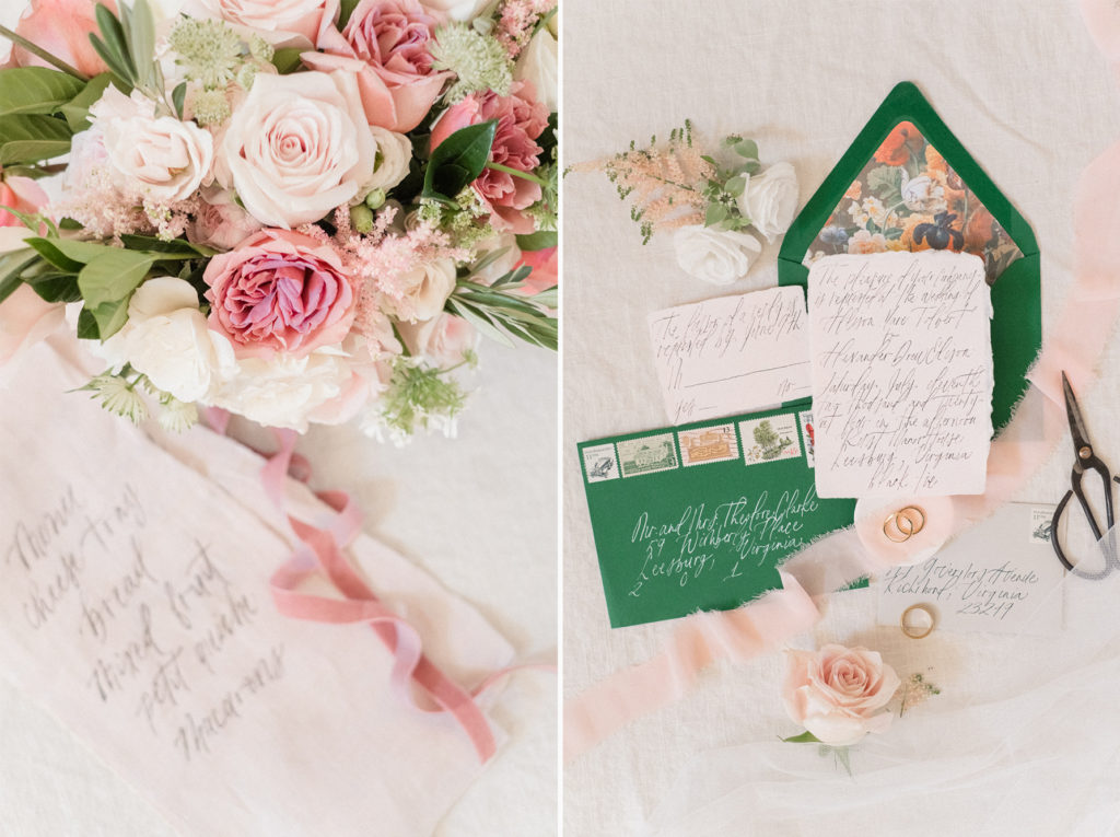 details from dusty rose & green summer wedding at Rust Manor House, Leesburg, VA