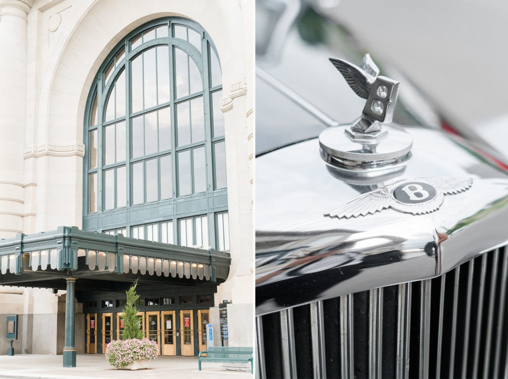 union station kansas city elegant blush and gray engagement session with vintage Bentley