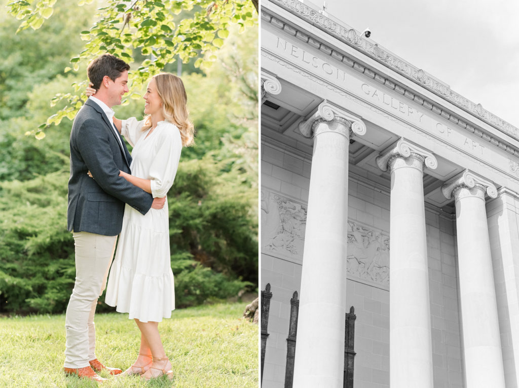 blue and white summer sunset engagement session at the nelson-atkins kansas city
