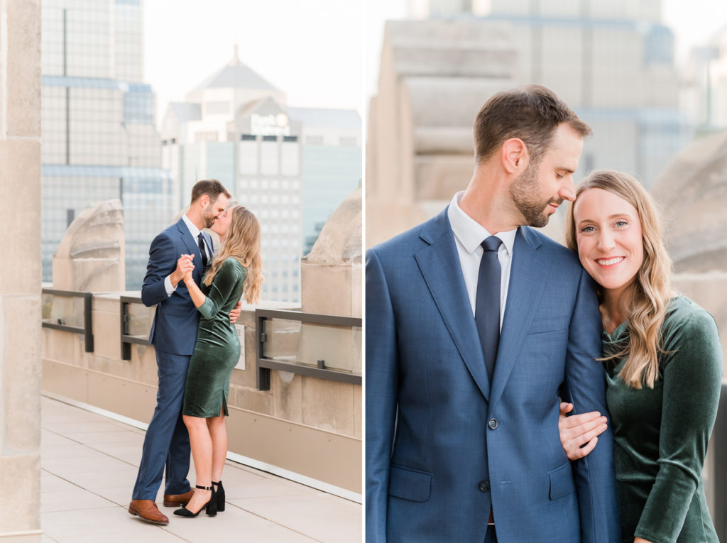 early fall elegant engagement session at the Beacon Lounge at Power & Light in Kansas City, MO