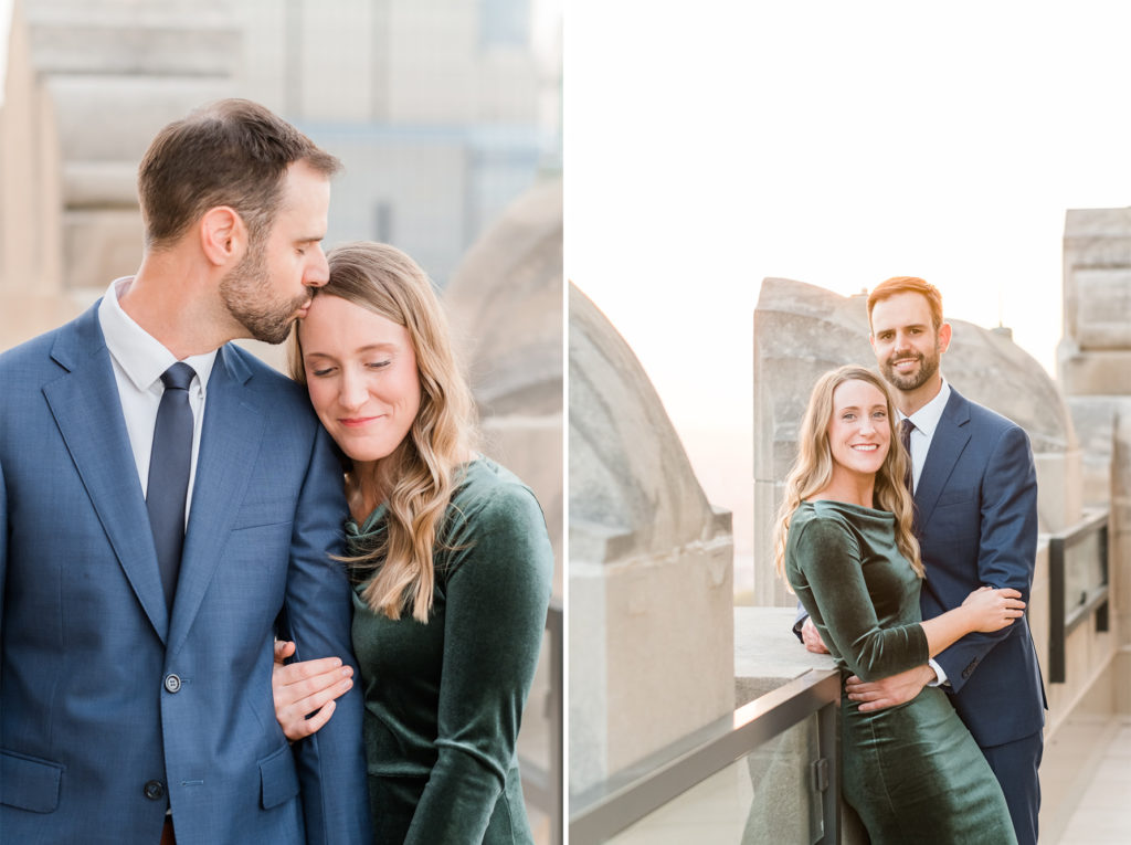 early fall elegant engagement session at the Beacon Lounge at Power & Light in Kansas City, MO