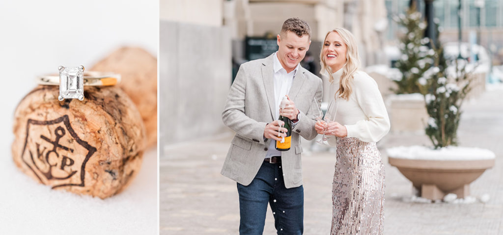 couple popping champagne during winter engagement session outside Union Station Kansas City
