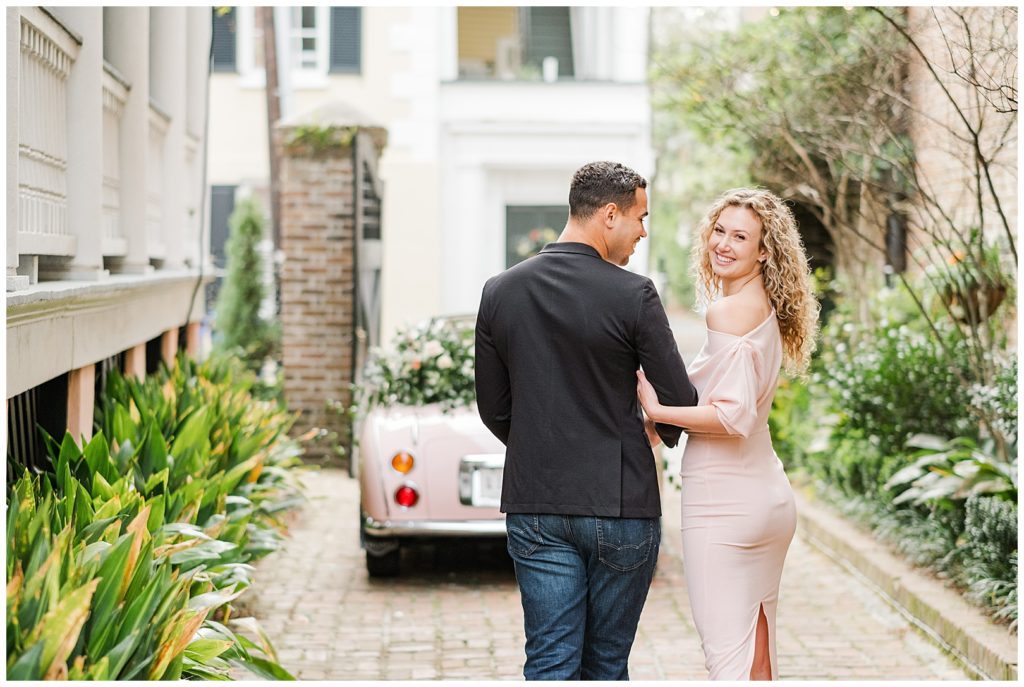 spring pink engagement session in Charleston, South Carolina at The Parsonage