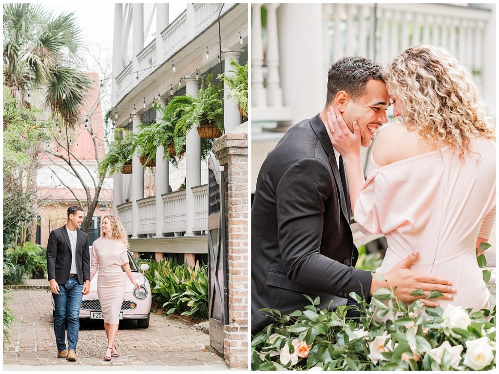 spring pink engagement session in Charleston, South Carolina at The Parsonage
