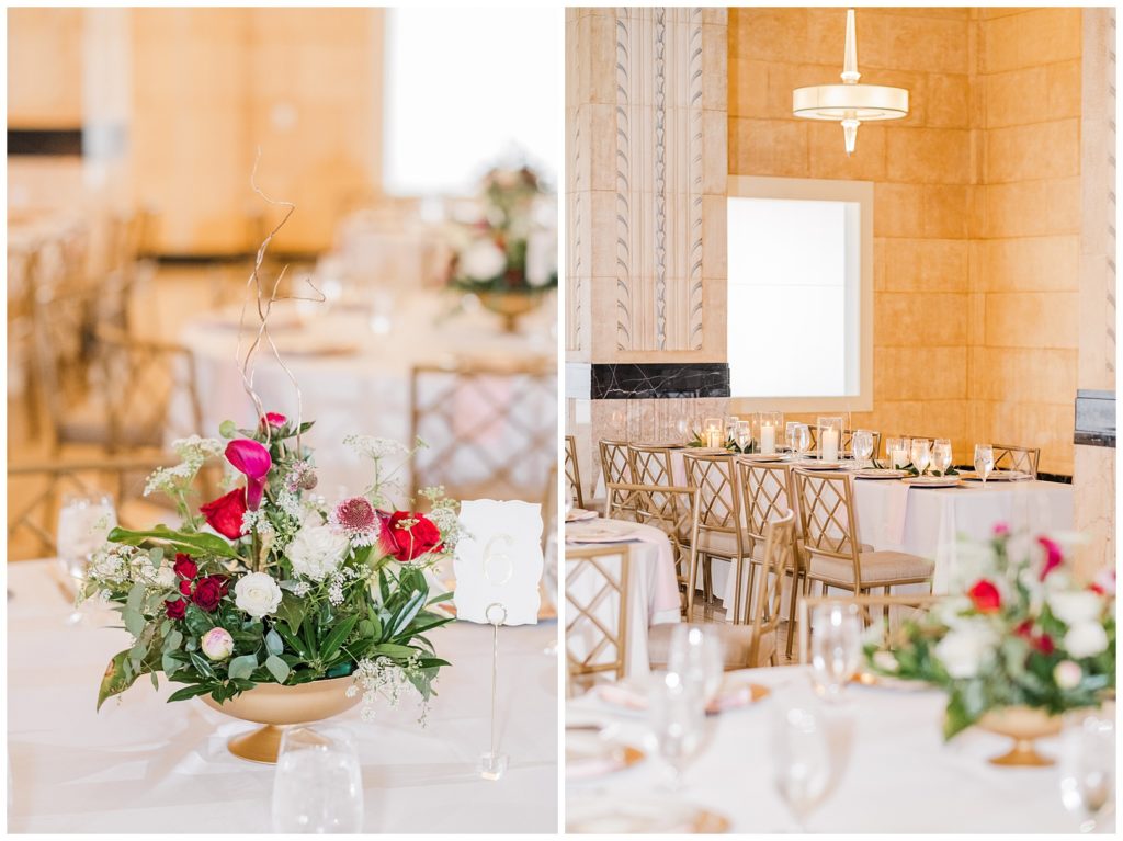 Red and Blush Grand Hall Power & Light Wedding